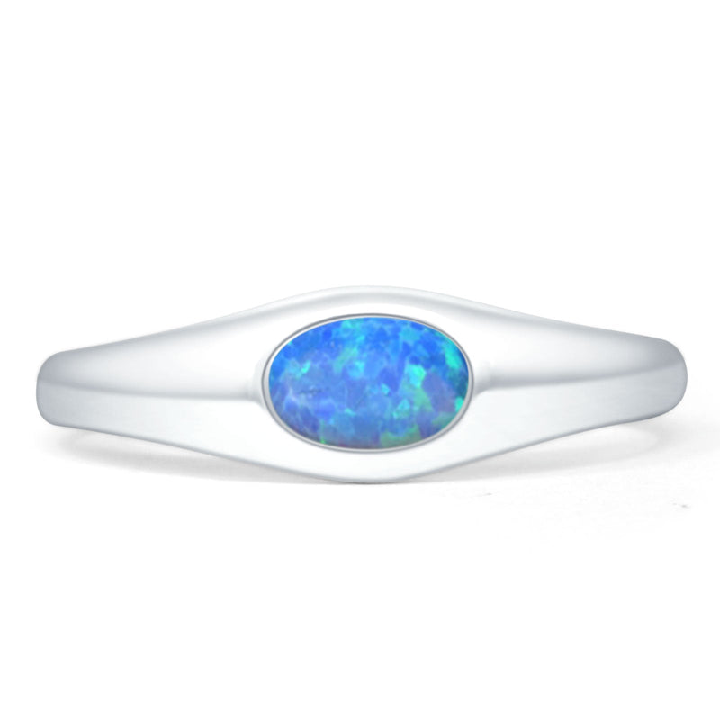 Oval 6mm Lab Created Blue Opal Signet Bold Ring Solitaire 925 Sterling Silver