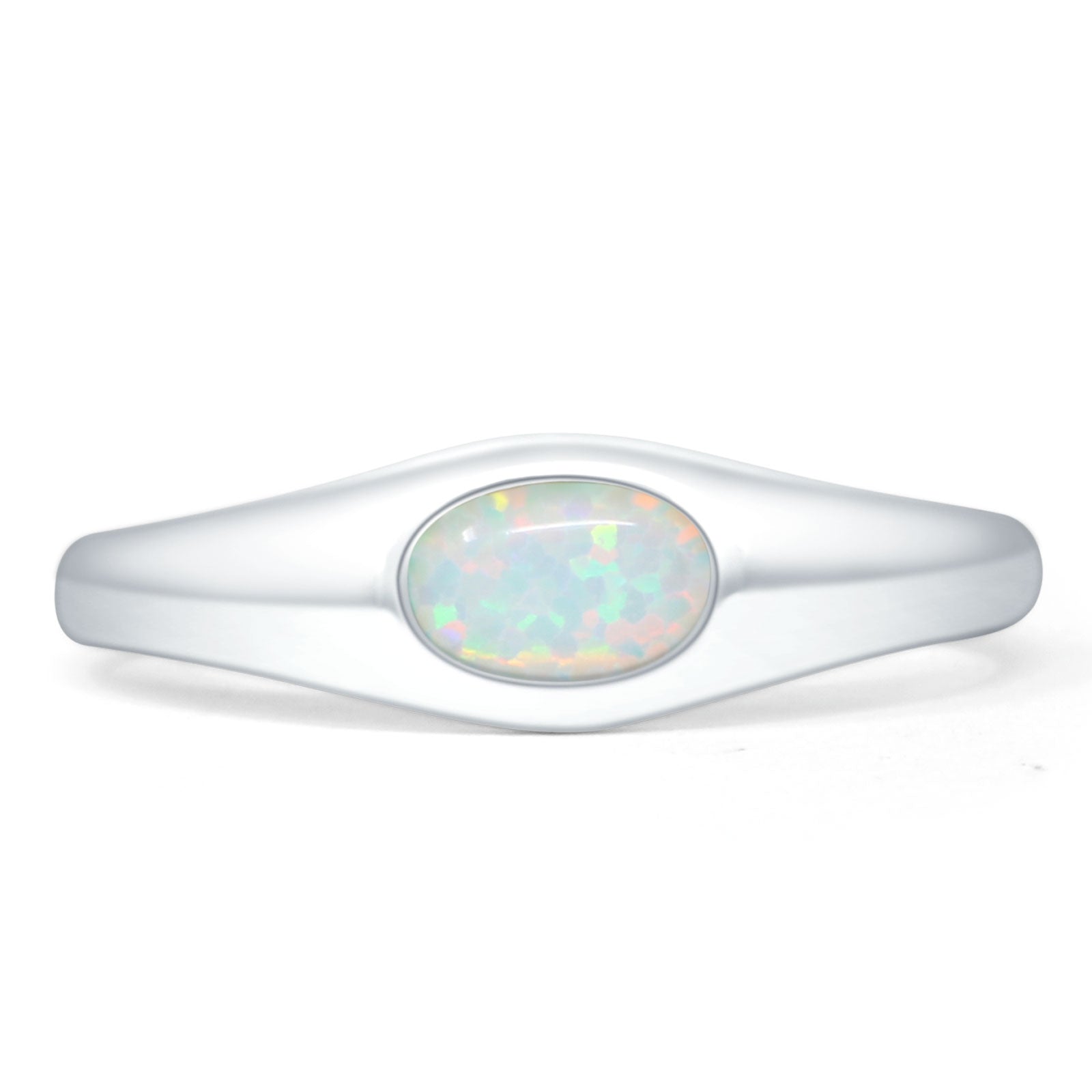 Oval 6mm Lab Created White Opal Signet Bold Ring Solitaire 925 Sterling Silver