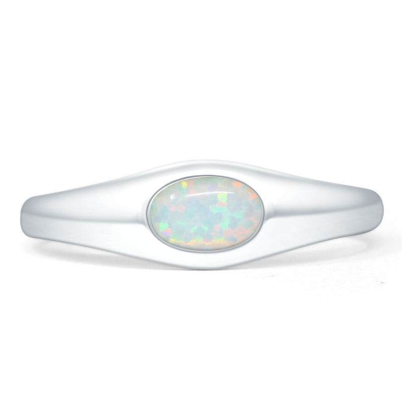 Oval 6mm Lab Created White Opal Signet Bold Ring Solitaire 925 Sterling Silver