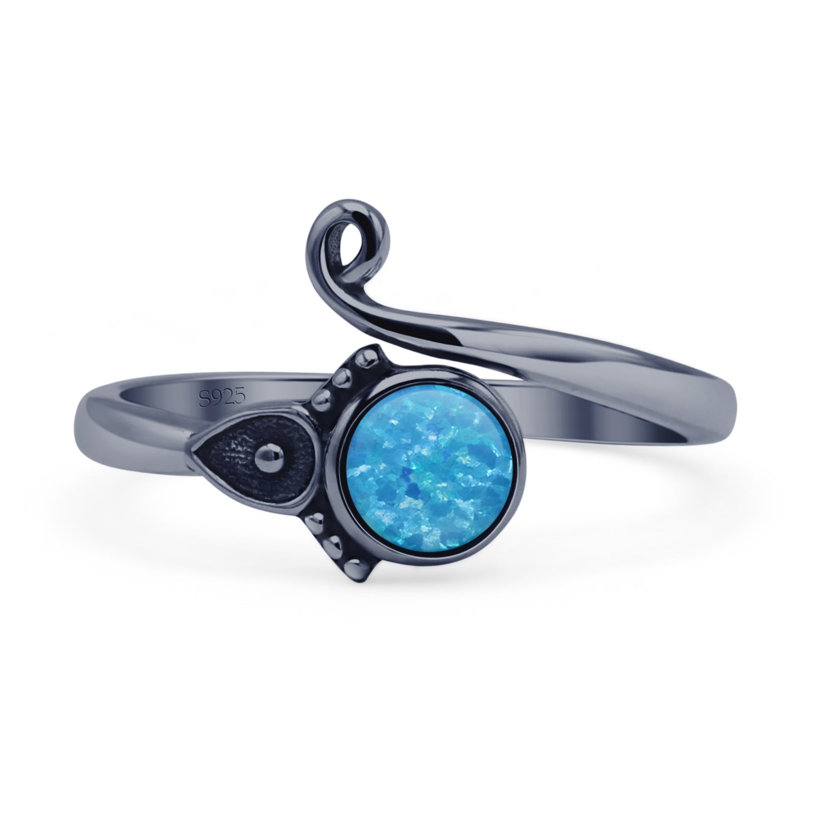 Minimalist 11.5mm Round Lab Created Blue Opal Beaded Ring 925 Sterling Silver