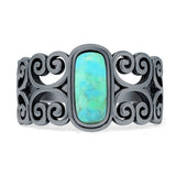 Art Deco 12mm Oval Turquoise Oxidized Filigree Ring 925 Sterling Silver