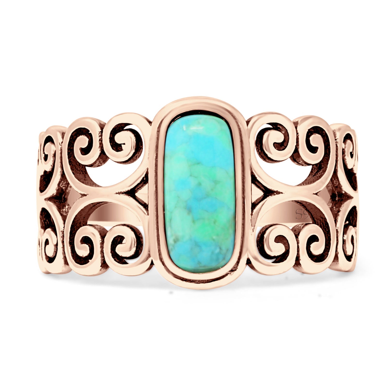 Art Deco 12mm Oval Turquoise Oxidized Filigree Ring 925 Sterling Silver