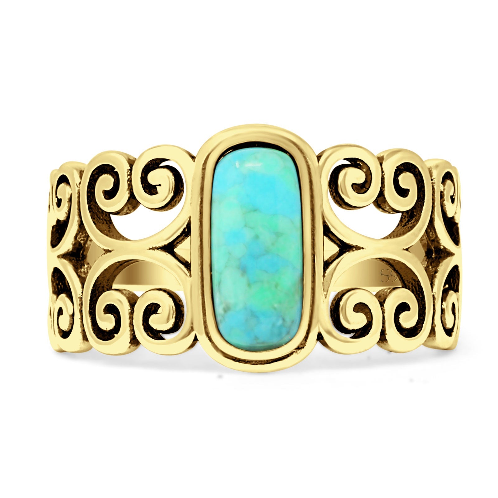 Art Deco 12mm Oval Turquoise Oxidized Filigree Ring 925 Sterling Silver