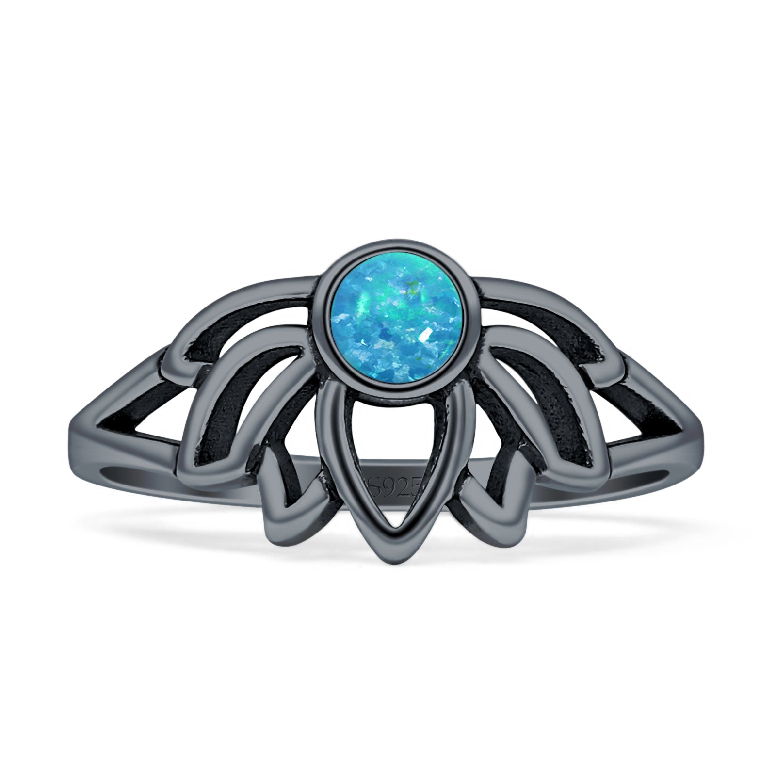 Round Blue Opal Lotus Ring
