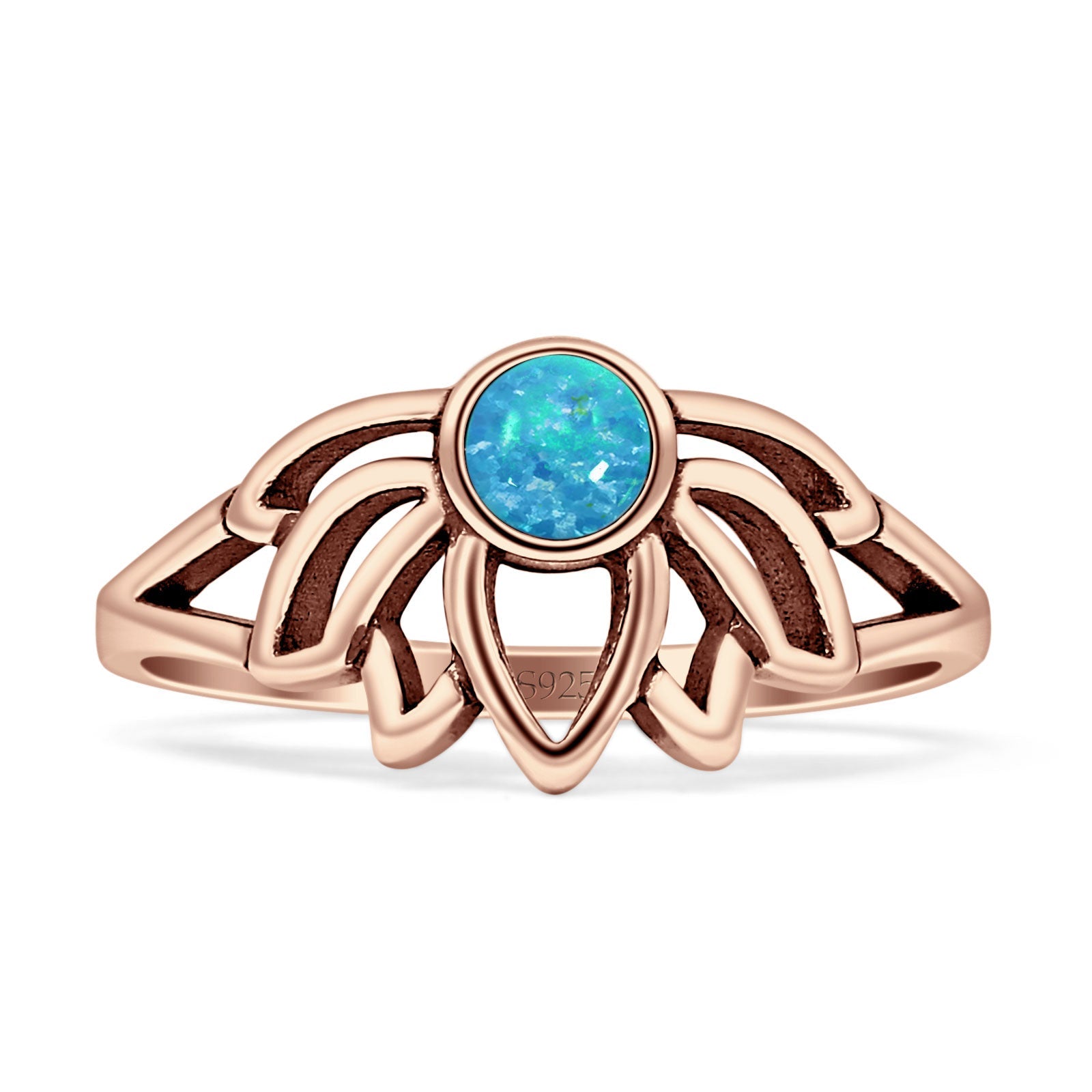 Round Blue Opal Lotus Ring