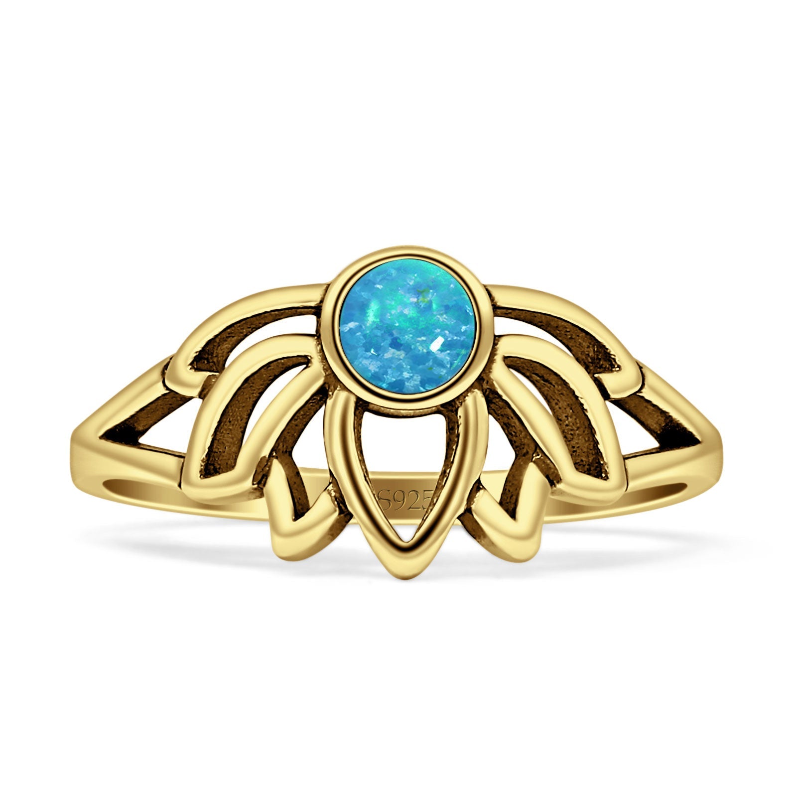 Vintage Style 9.7mm Round Lab Created Blue Opal Lotus Ring Oxidized 925 Sterling Silver