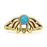 Vintage Style 9.7mm Round Lab Created Blue Opal Lotus Ring Oxidized 925 Sterling Silver