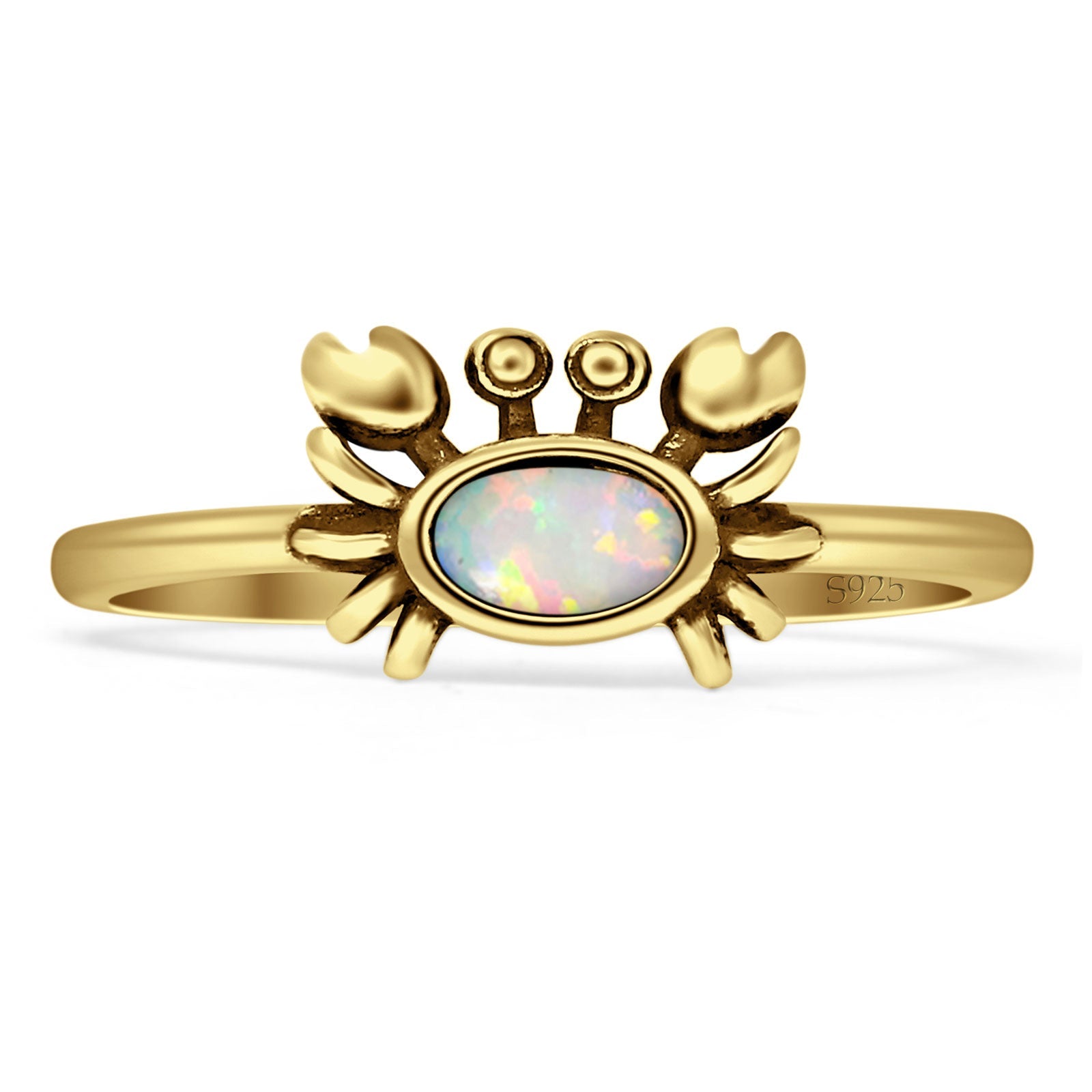 Minimalist 8mm Oval Lab Created White Opal Crab Ring Oxidized Stackable 925 Sterling Silver