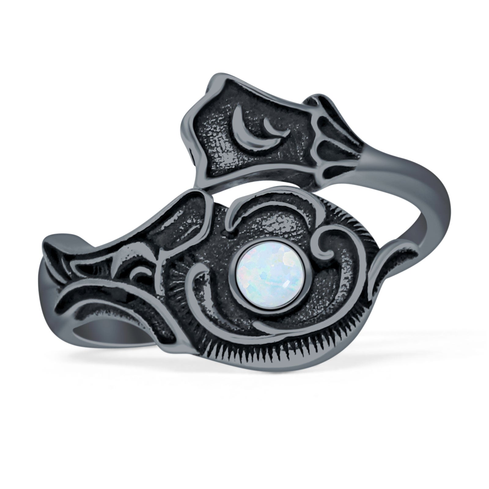 Art Deco Round Lab Created White Opal Spoon Oxidized Ring 925 Sterling Silver