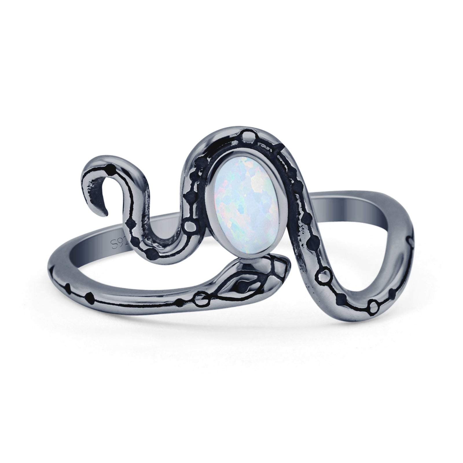 Minimalist 11.8mm Oval Lab Created White Opal Snake Ring Oxidized 925 Sterling Silver