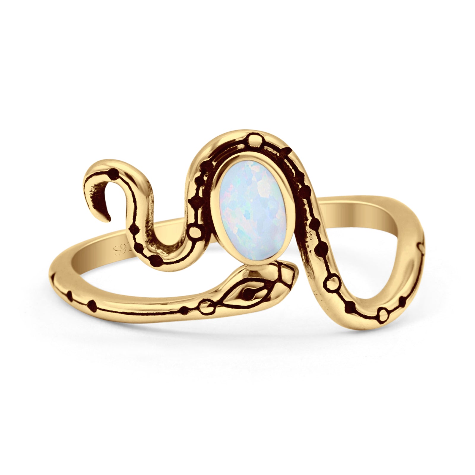 Minimalist 11.8mm Oval Lab Created White Opal Snake Ring Oxidized 925 Sterling Silver