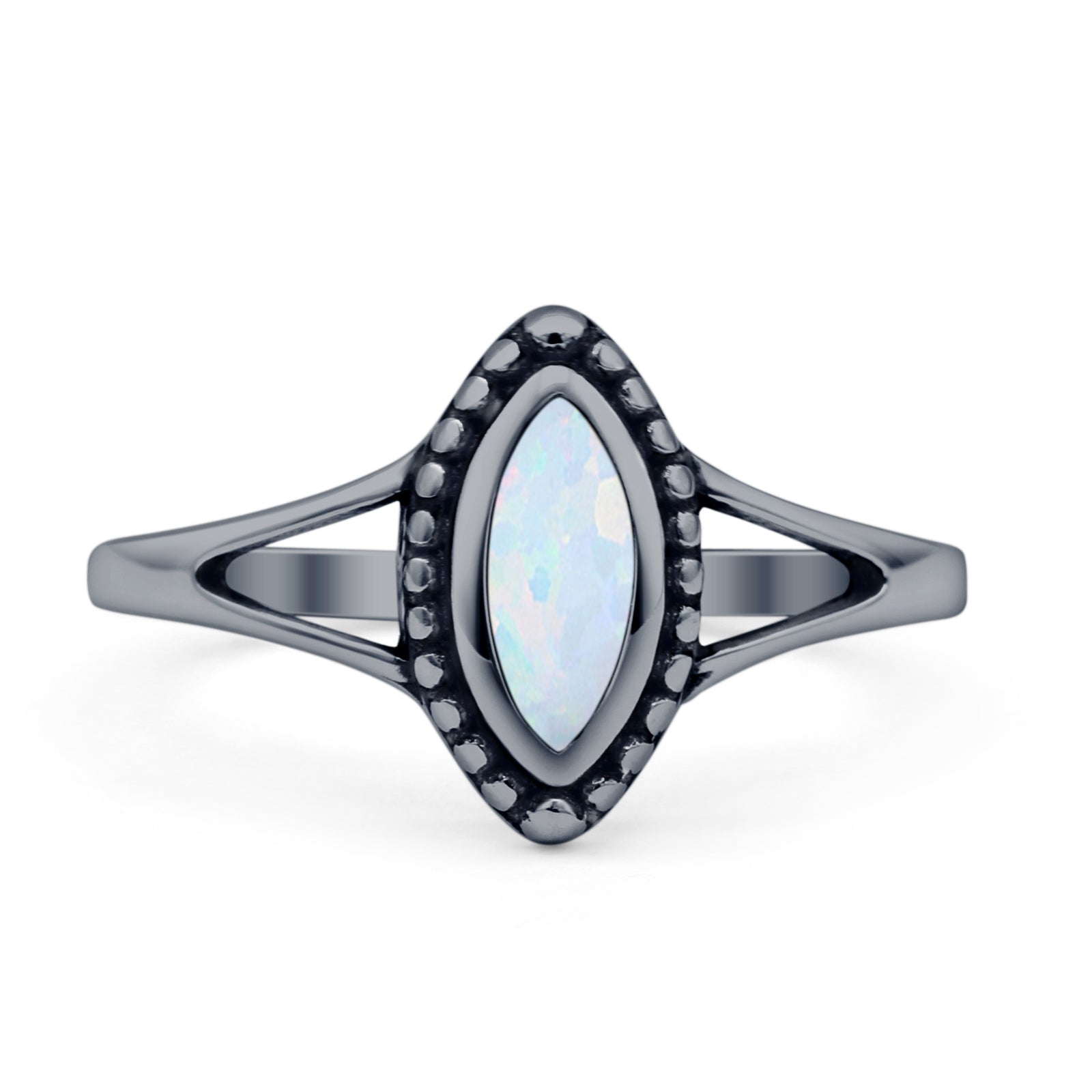 Marquise 11.6mm Lab Created White Opal Beaded Ring Oxidized 925 Sterling Silver