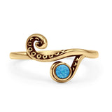 Minimalist Round Lab Created Blue Opal Tentacle Octopus Ring Oxidized 925 Sterling Silver