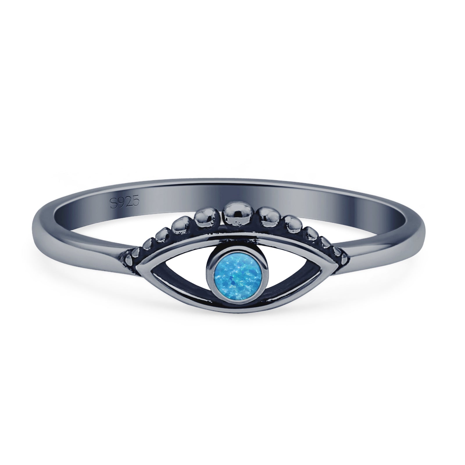 Minimalist 5.4mm Round Lab Created Blue Opal Evil Eye Ring Oxidized 925 Sterling Silver