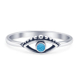 Minimalist 5.4mm Round Lab Created Blue Opal Evil Eye Ring Oxidized 925 Sterling Silver