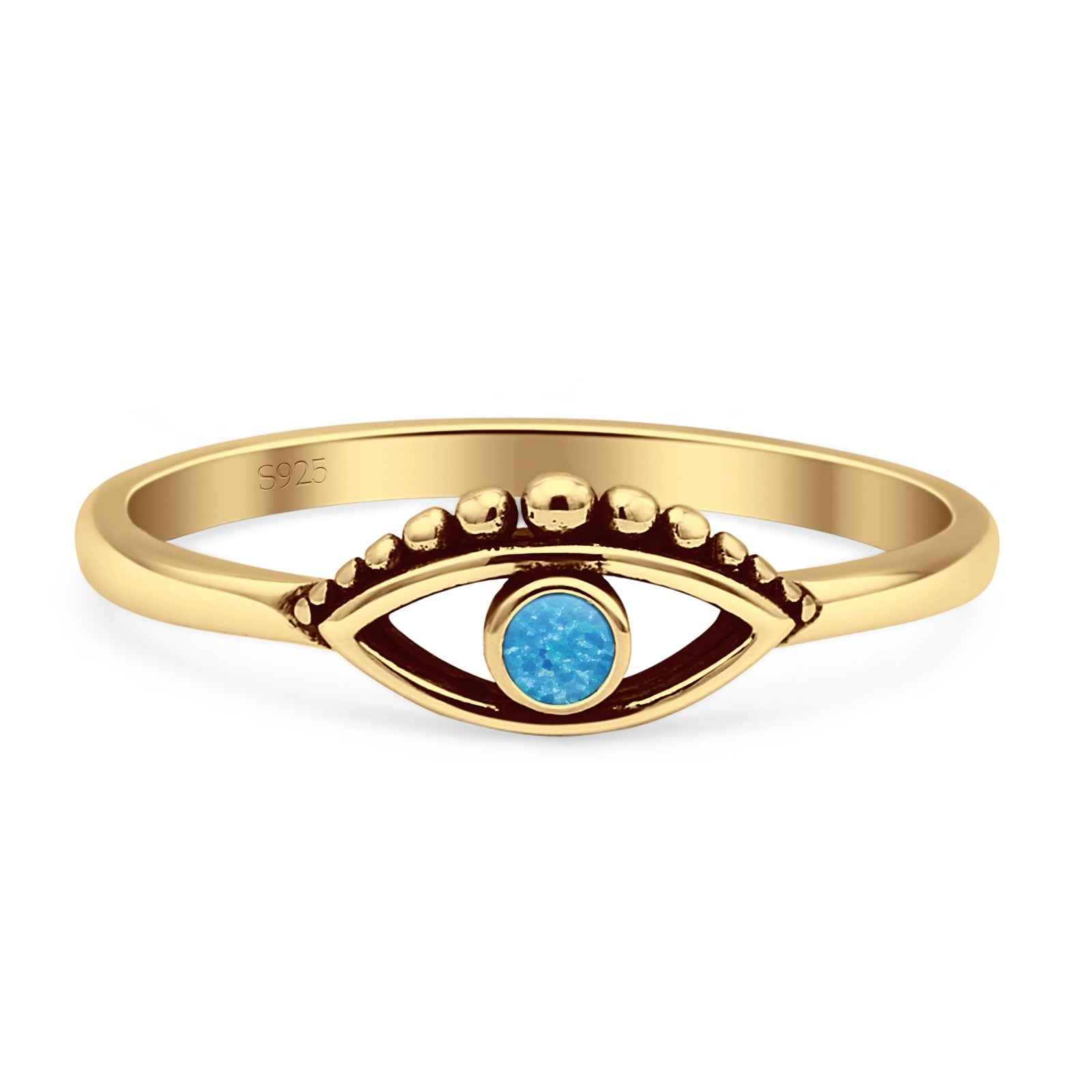 Minimalist 5.4mm Round Lab Created Blue Opal Evil Eye Ring Oxidized 925 Sterling Silver