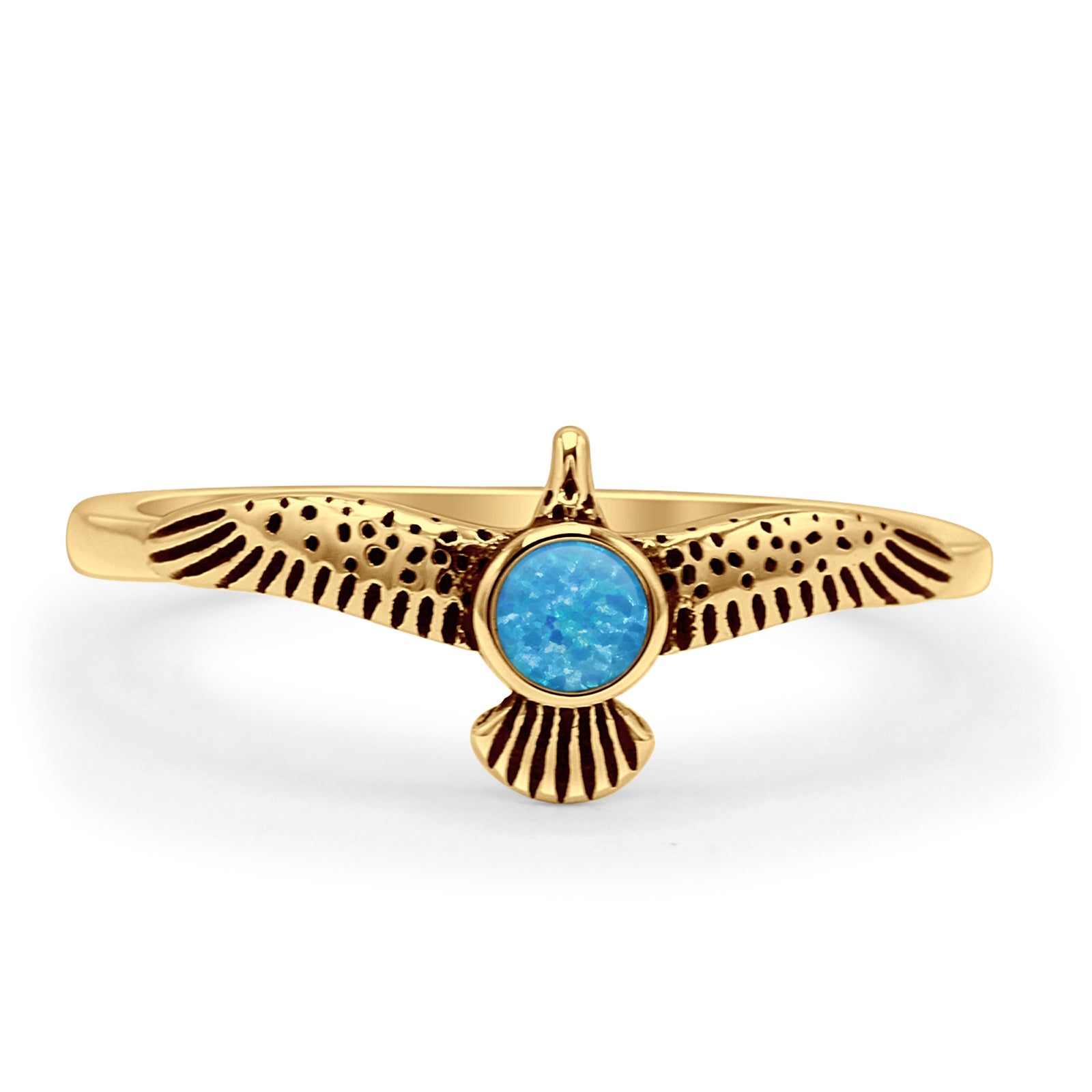 Minimalist 8.2mm Round Lab Created Blue Opal Eagle Ring Oxidized 925 Sterling Silver