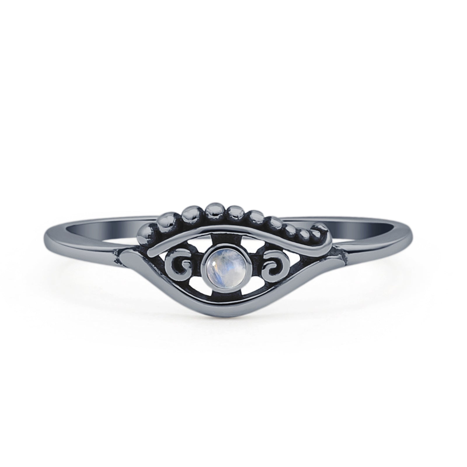 Minimalist 6mm Round Moonstone Eye Ring Oxidized 925 Sterling Silver