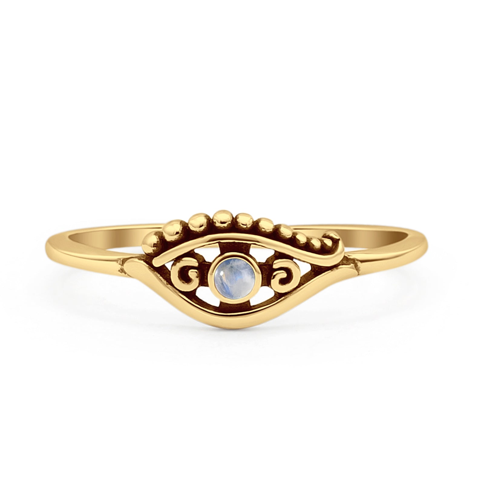 Minimalist 6mm Round Moonstone Eye Ring Oxidized 925 Sterling Silver