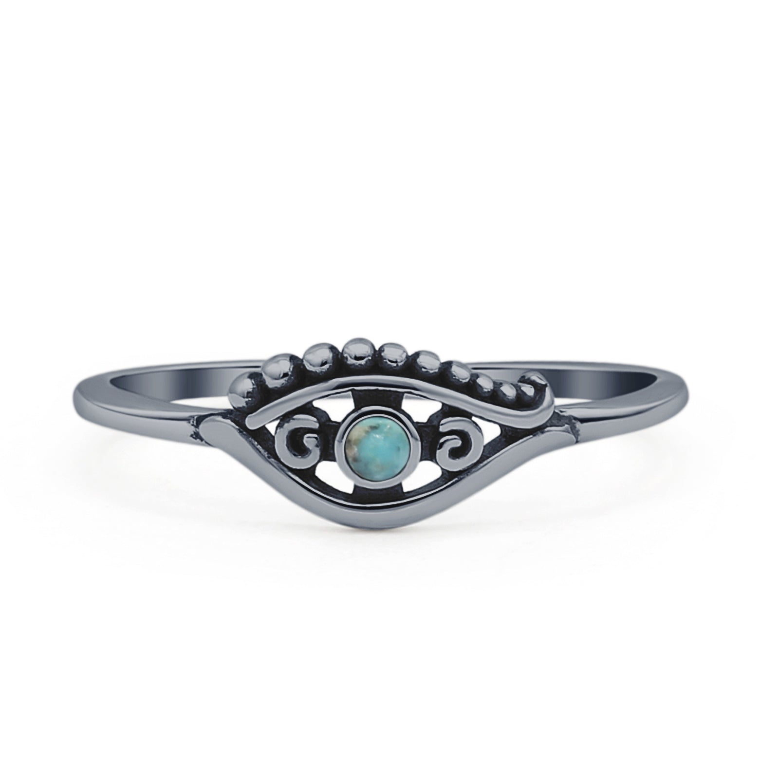 Minimalist 6mm Round Turquoise Eye Ring Oxidized 925 Sterling Silver