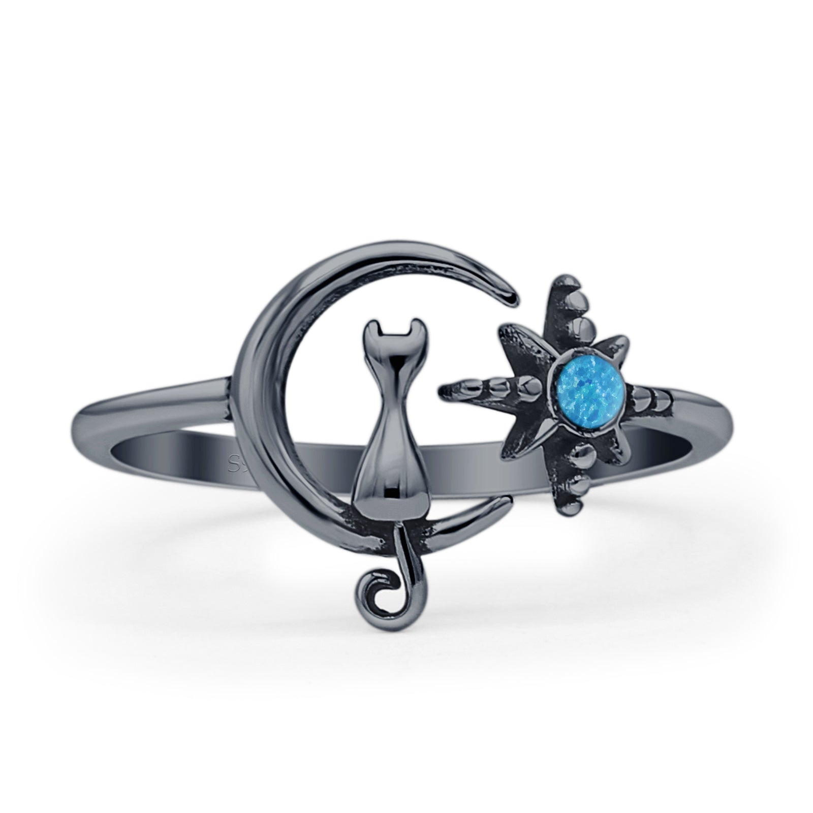 Oxidized Cat On Moon & Star Ring