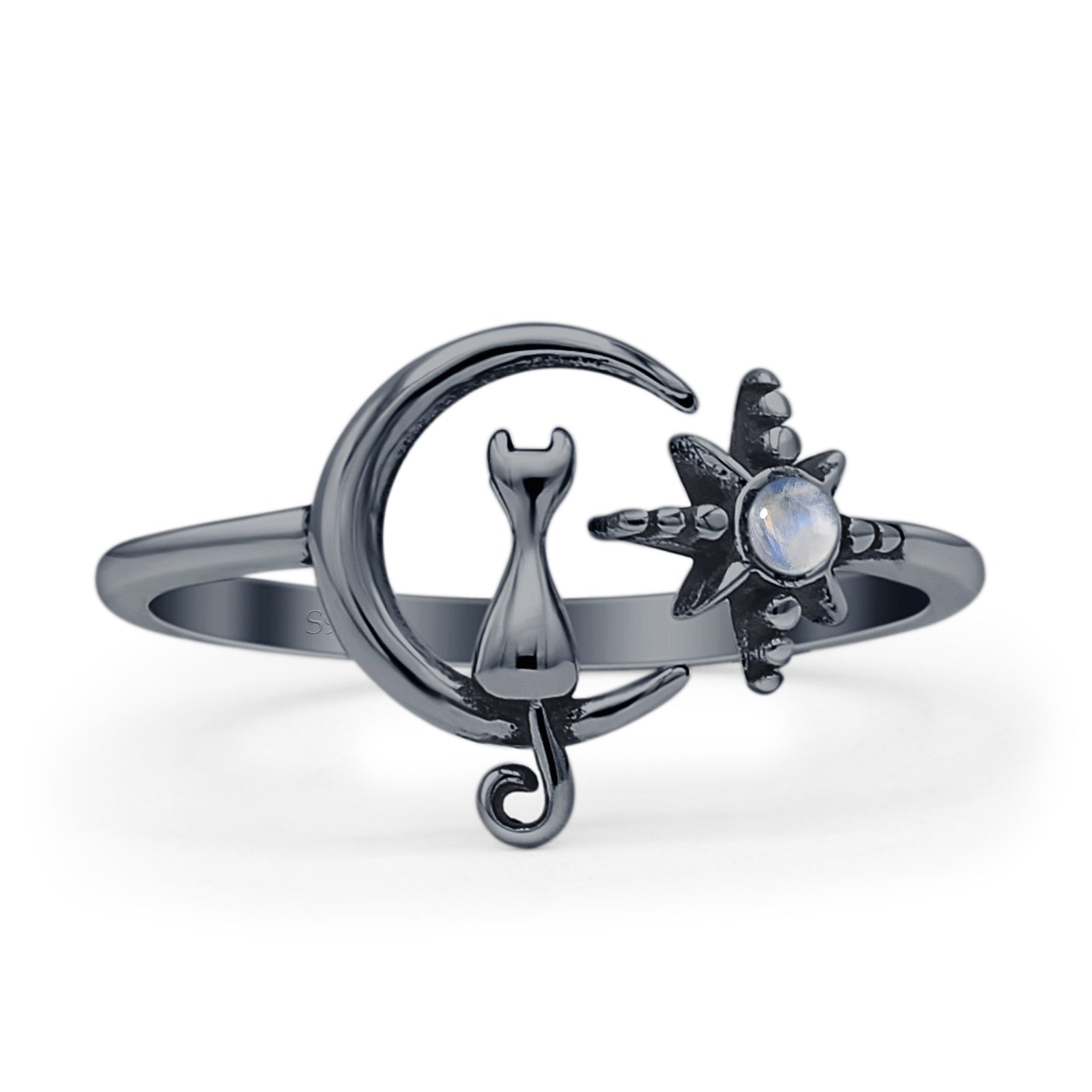 Minimalist 11.5mm Moonstone Cat On Moon & Star Ring 925 Sterling Silver