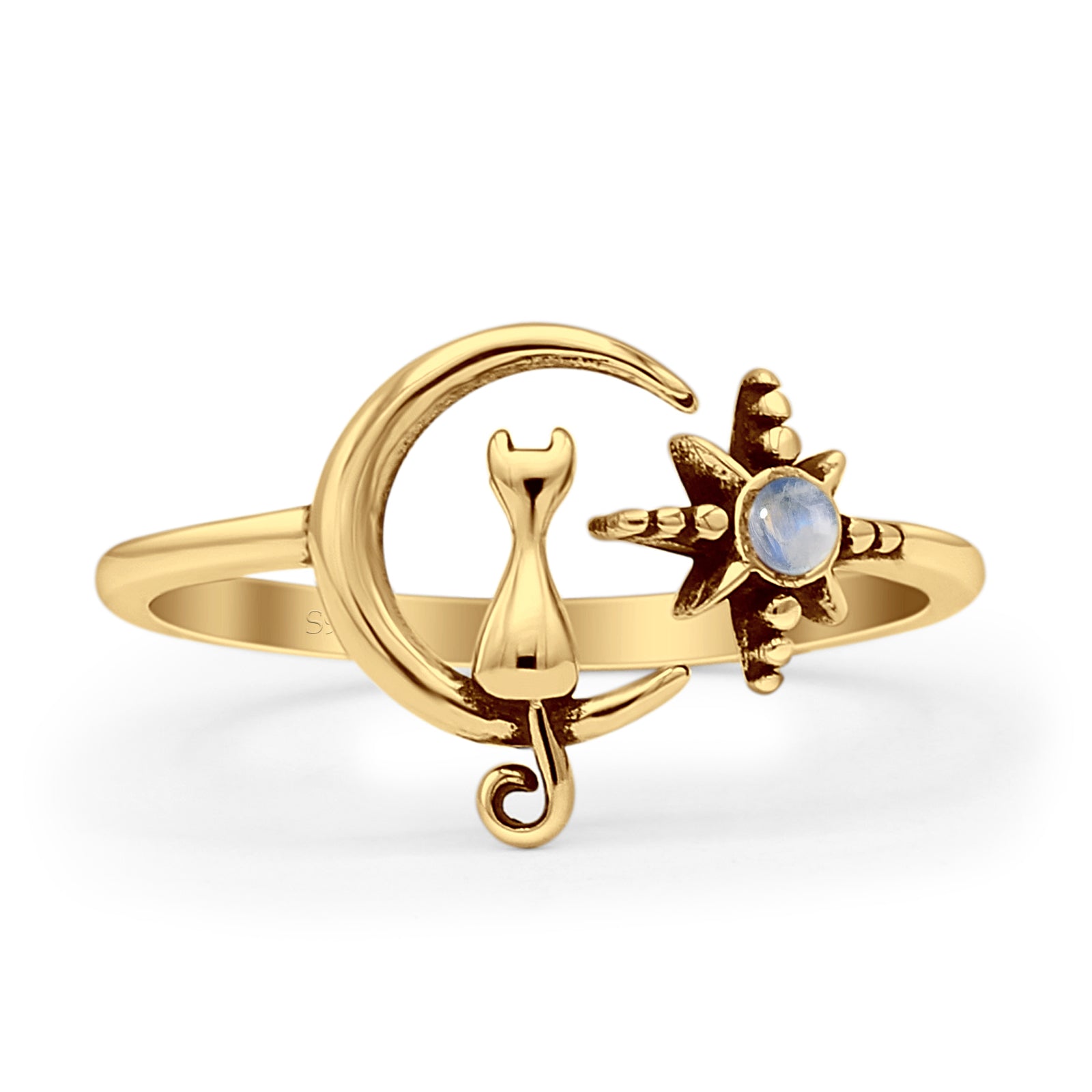 Minimalist 11.5mm Moonstone Cat On Moon & Star Ring 925 Sterling Silver
