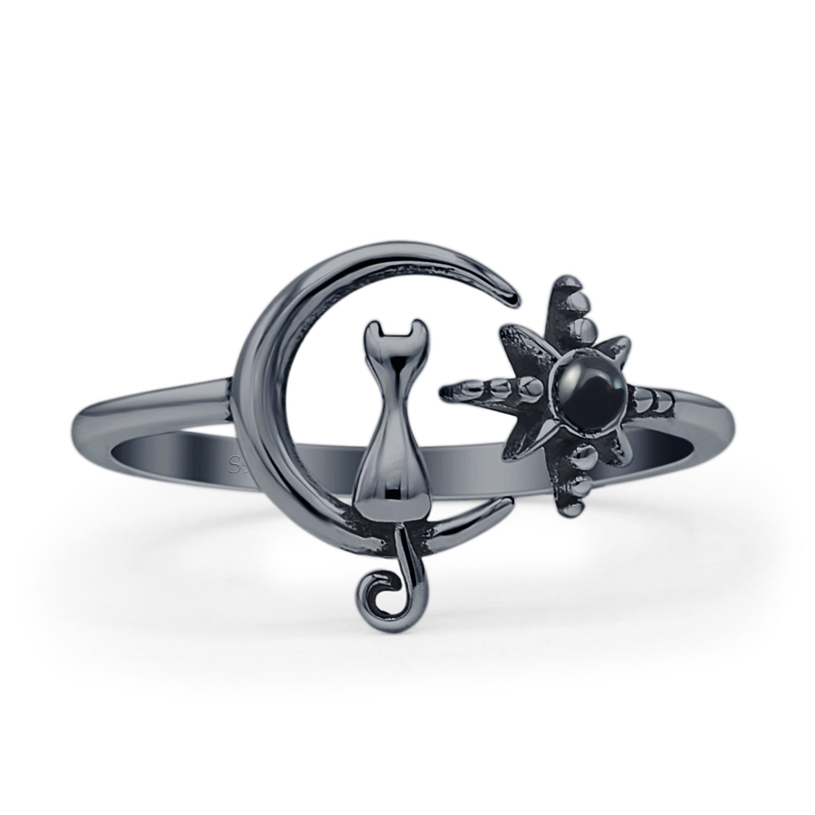 Minimalist 11.5mm Black Agate Cat On Moon & Star Ring 925 Sterling Silver