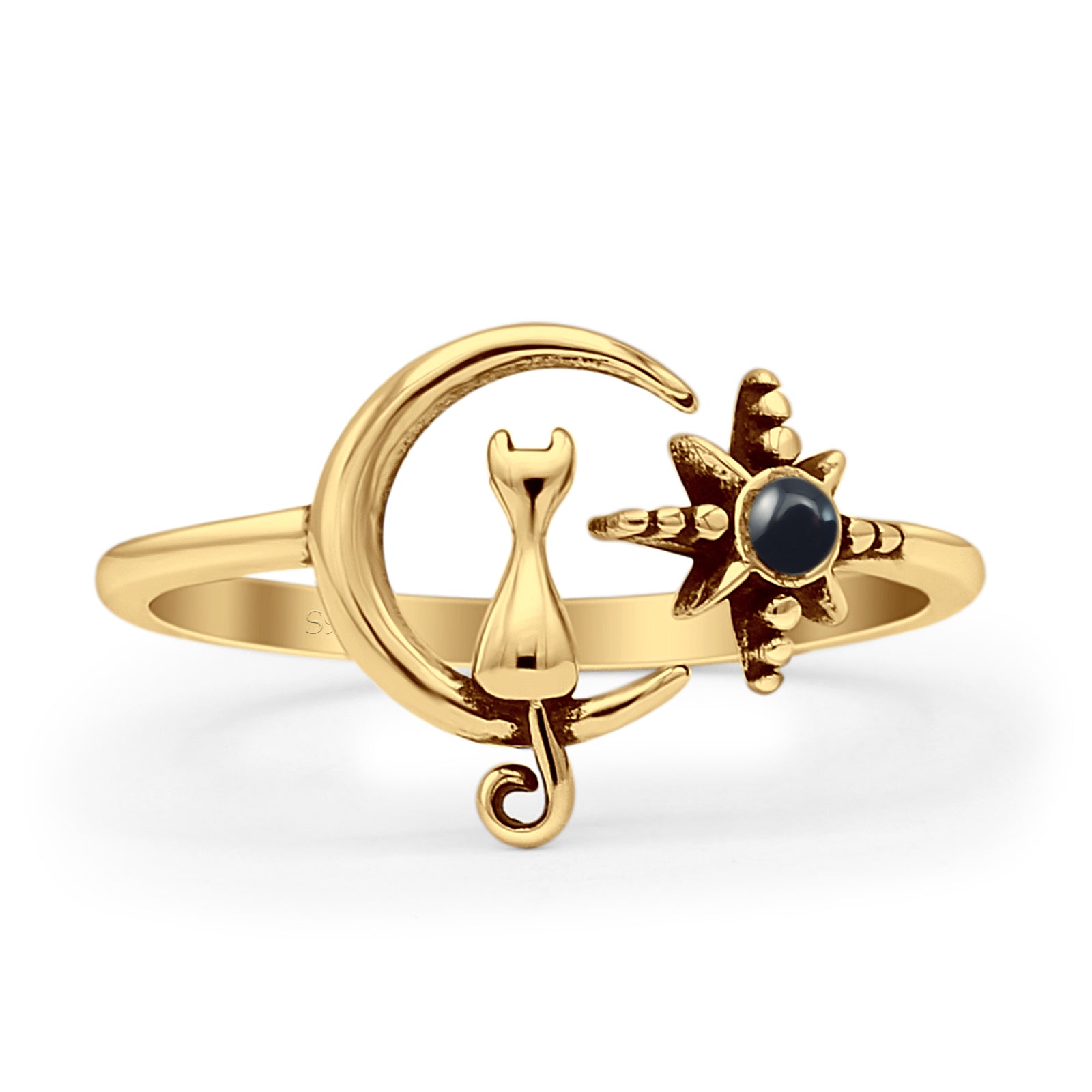 Minimalist 11.5mm Black Agate Cat On Moon & Star Ring 925 Sterling Silver