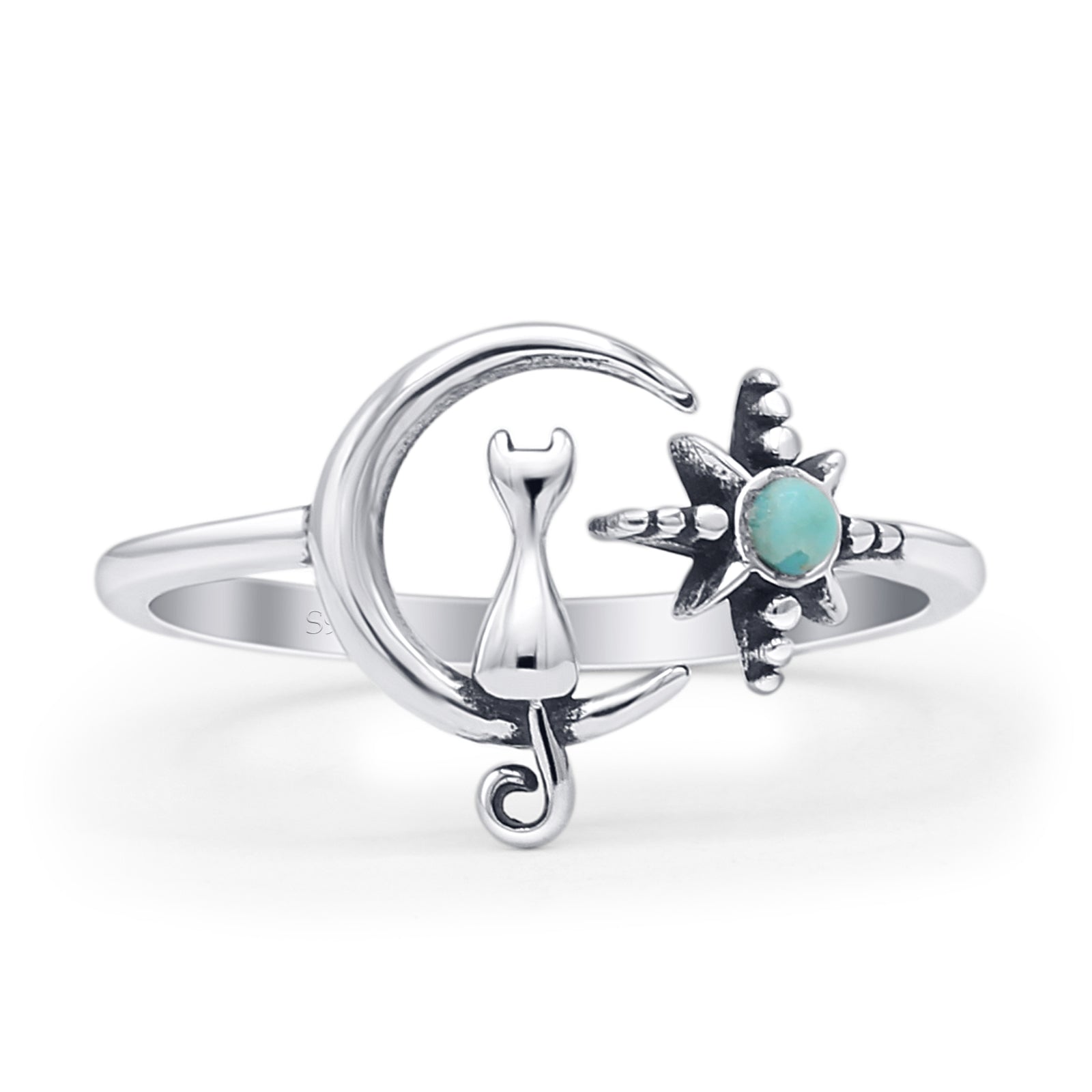 Oxidized Cat On Moon & Star Ring