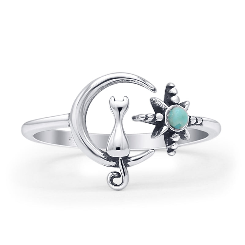 Oxidized Cat On Moon & Star Ring