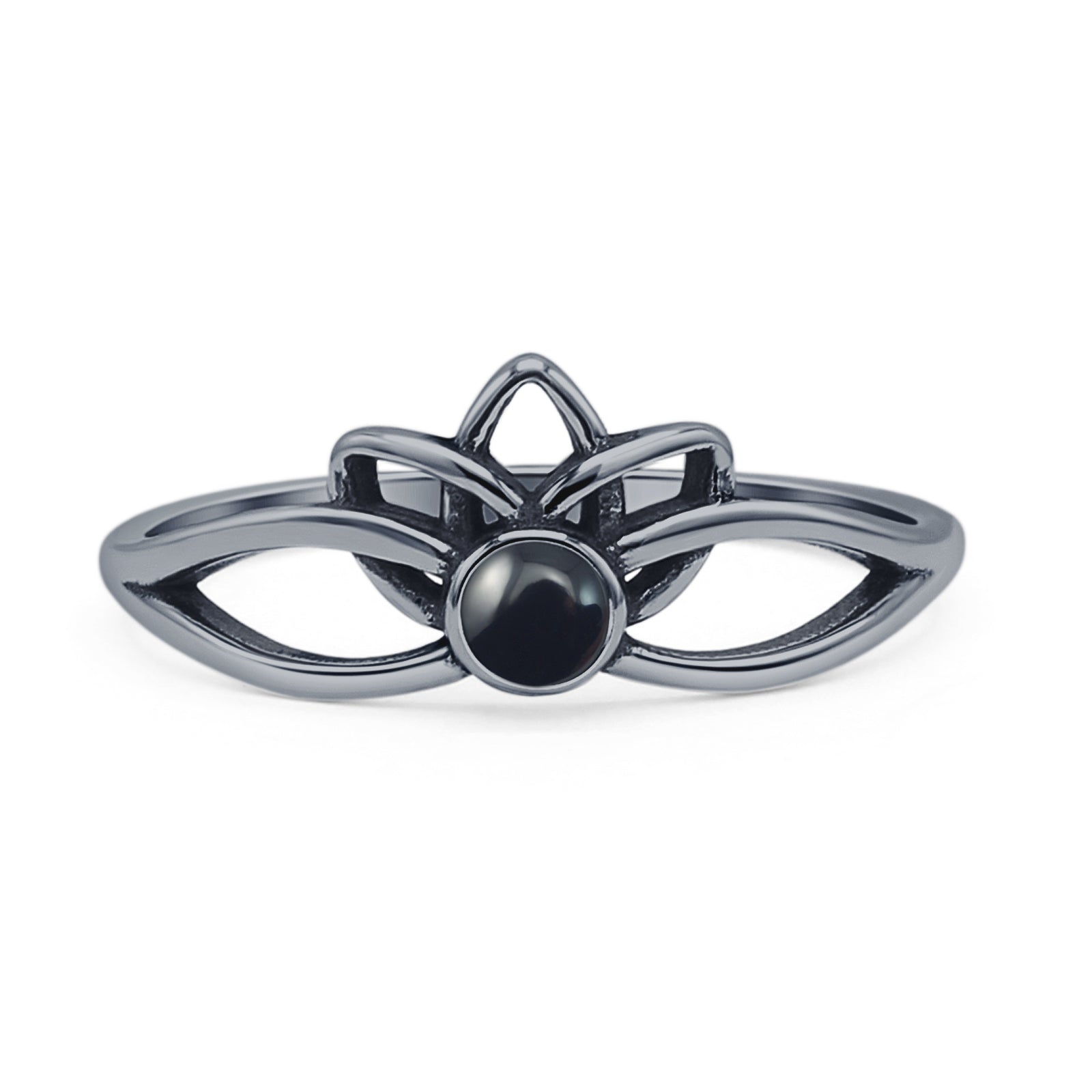Minimalist 7.7mm Black Agate Lotus Ring 925 Sterling Silver