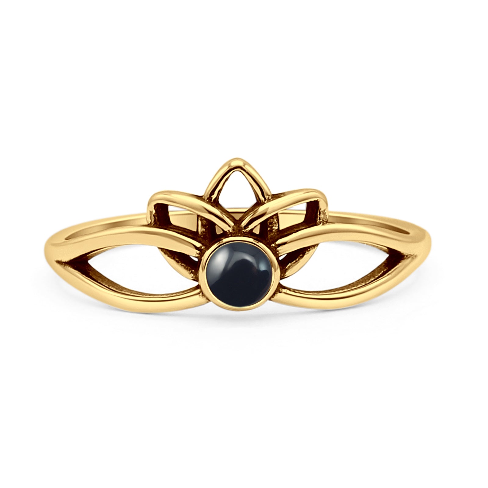 Minimalist 7.7mm Black Agate Lotus Ring 925 Sterling Silver