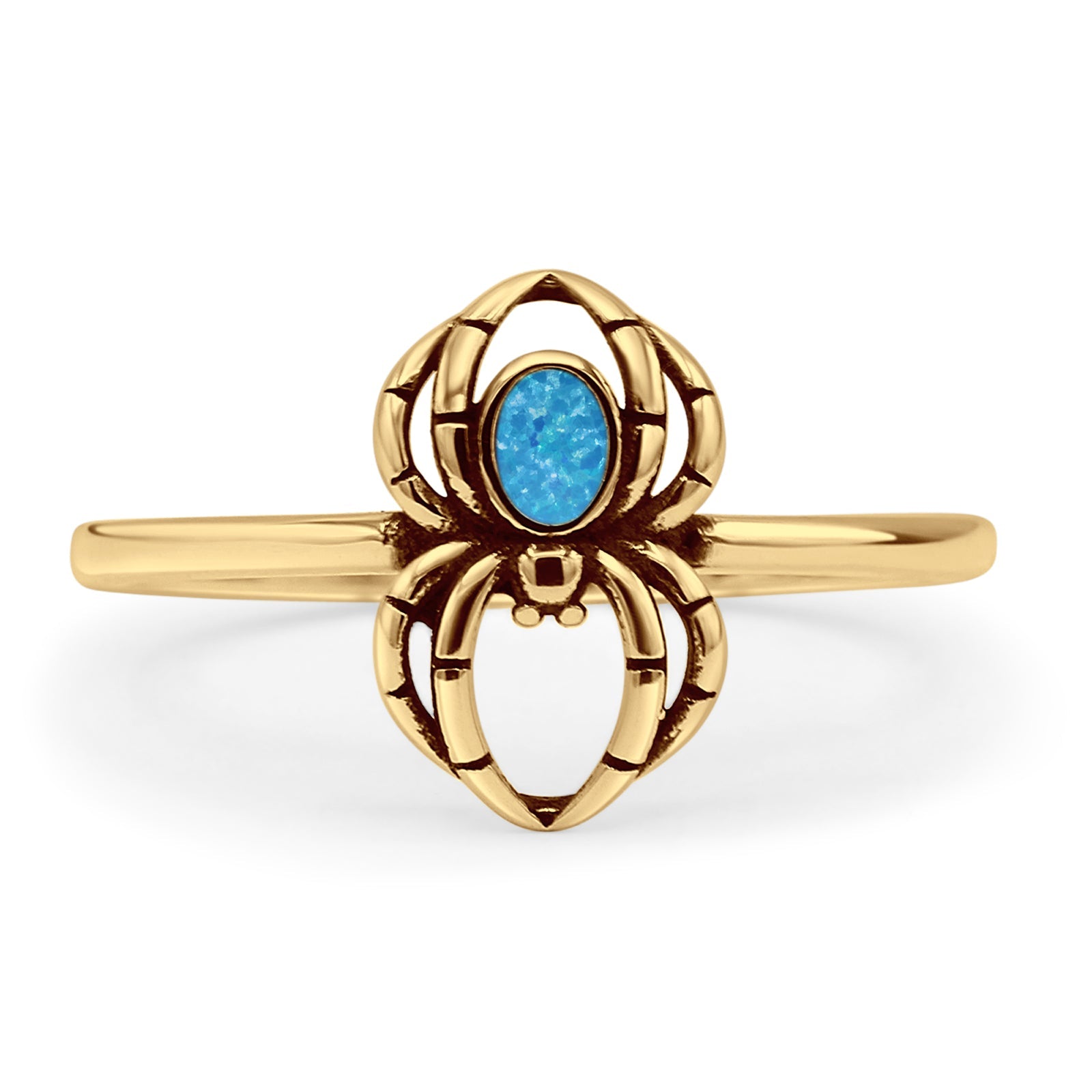 Minimalist 11.5mm Oval Lab Created Blue Opal Spider Ring Oxidized 925 Sterling Silver