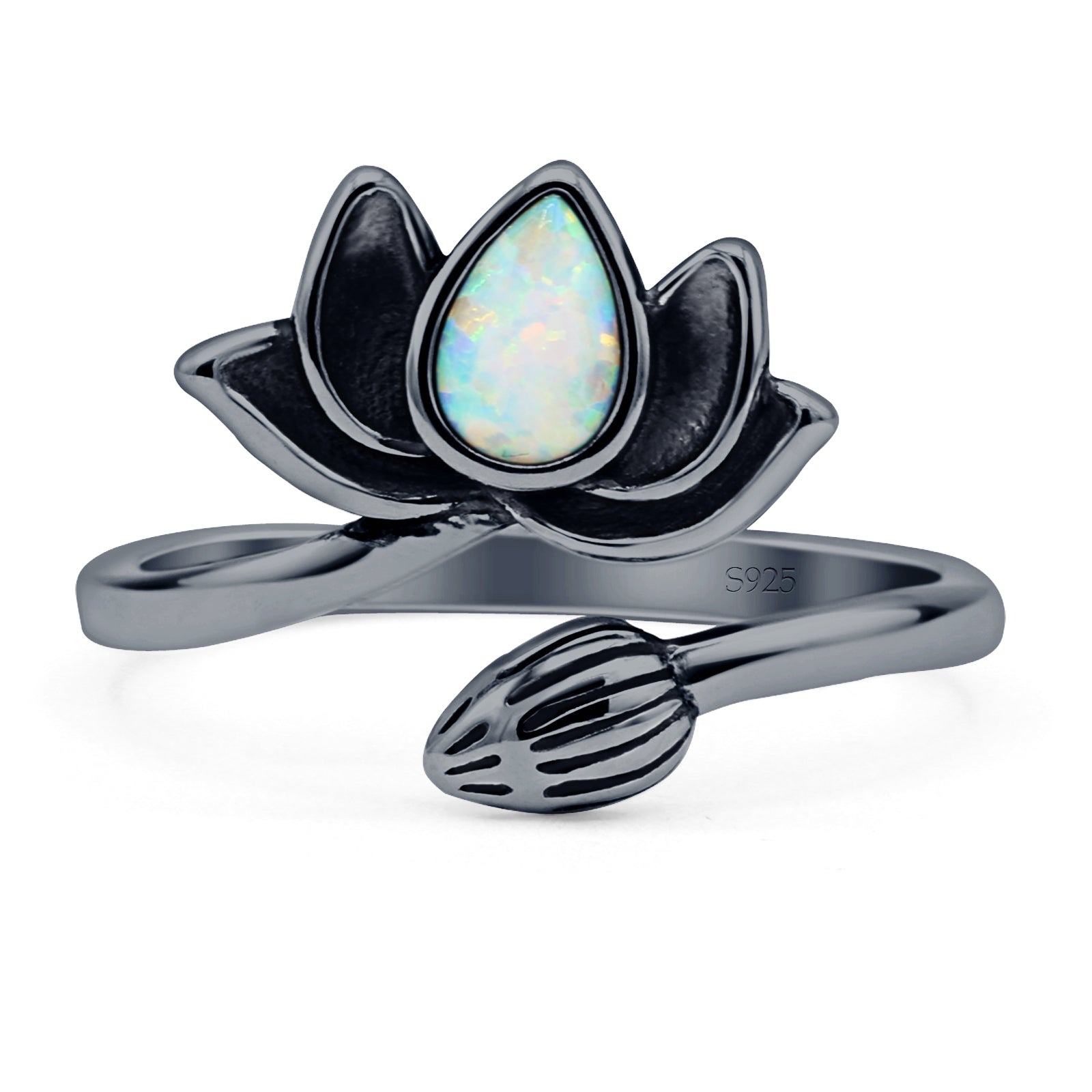 Pear 13.2mm Lab Created White Opal Lotus Bud Ring Oxidized 925 Sterling Silver