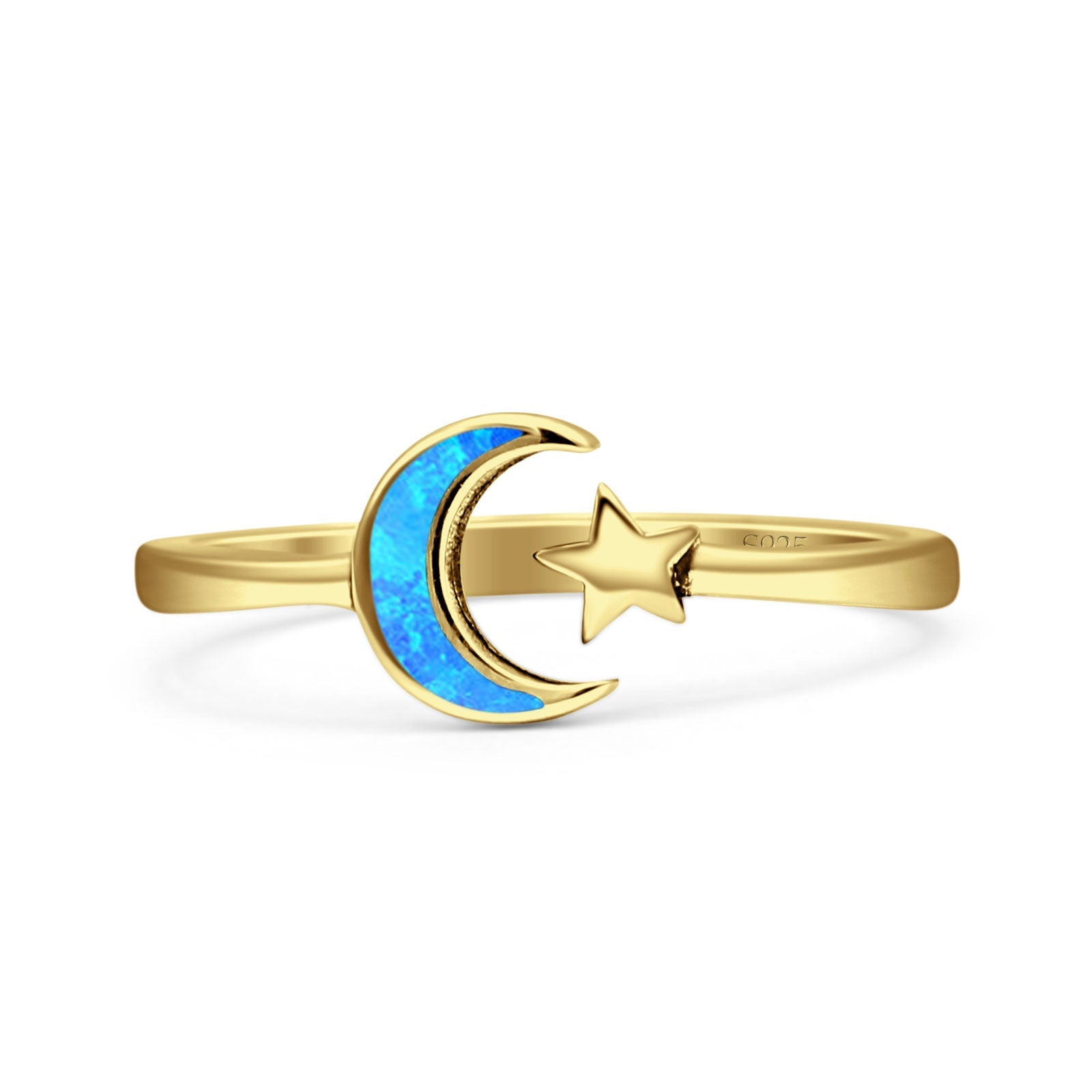 Minimalist 8mm Lab Created Blue Opal Star & Moon Ring 925 Sterling Silver