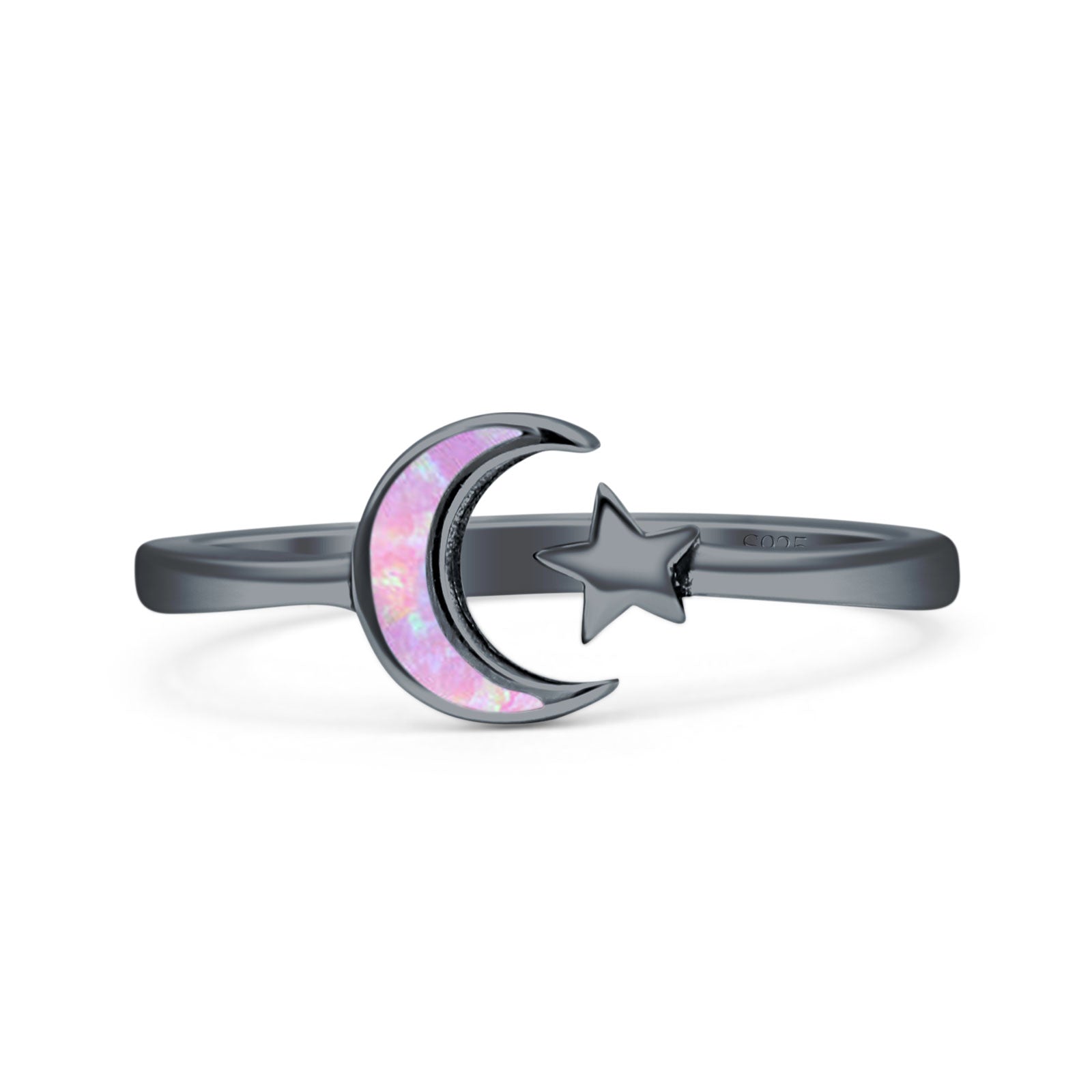 Minimalist 8mm Lab Created Pink Opal Star & Moon Ring 925 Sterling Silver