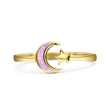 Minimalist 8mm Lab Created Pink Opal Star & Moon Ring 925 Sterling Silver
