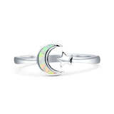 Minimalist 8mm Lab Created White Opal Star & Moon Ring 925 Sterling Silver