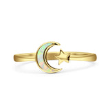 Minimalist 8mm Lab Created White Opal Star & Moon Ring 925 Sterling Silver