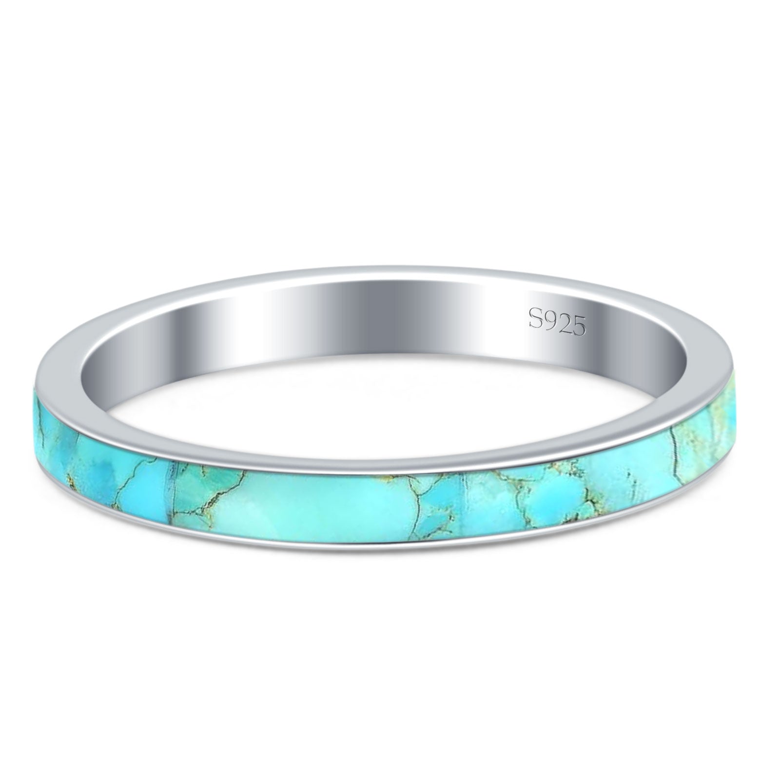 Full Eternity Stackable 3mm Wedding Band Turquoise 925 Sterling Silver