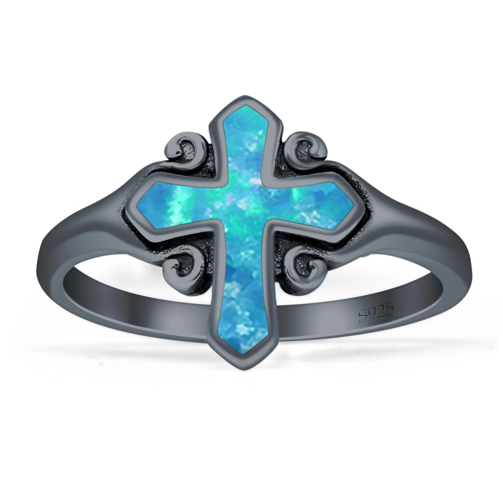 Minimalist 13mm Cross Rings Lab Created Blue Opal Oxidized 925 Sterling Silver