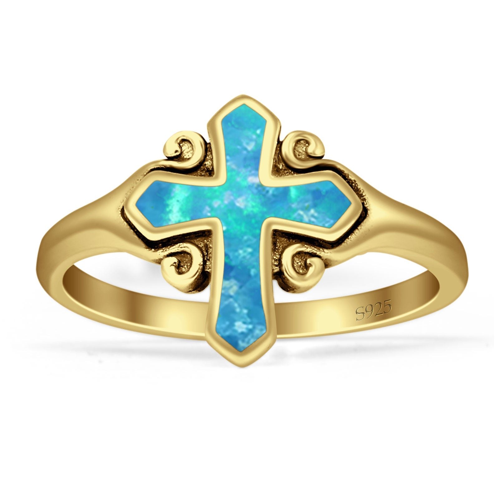 Minimalist 13mm Cross Rings Lab Created Blue Opal Oxidized 925 Sterling Silver