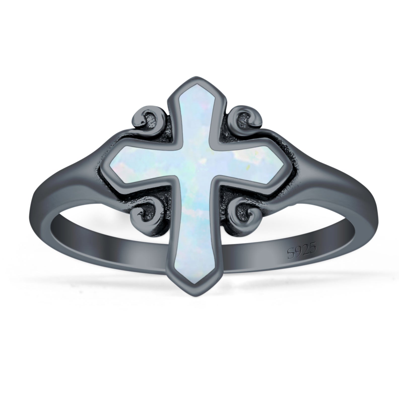 Minimalist 13mm Cross Rings Lab Created White Opal Oxidized 925 Sterling Silver