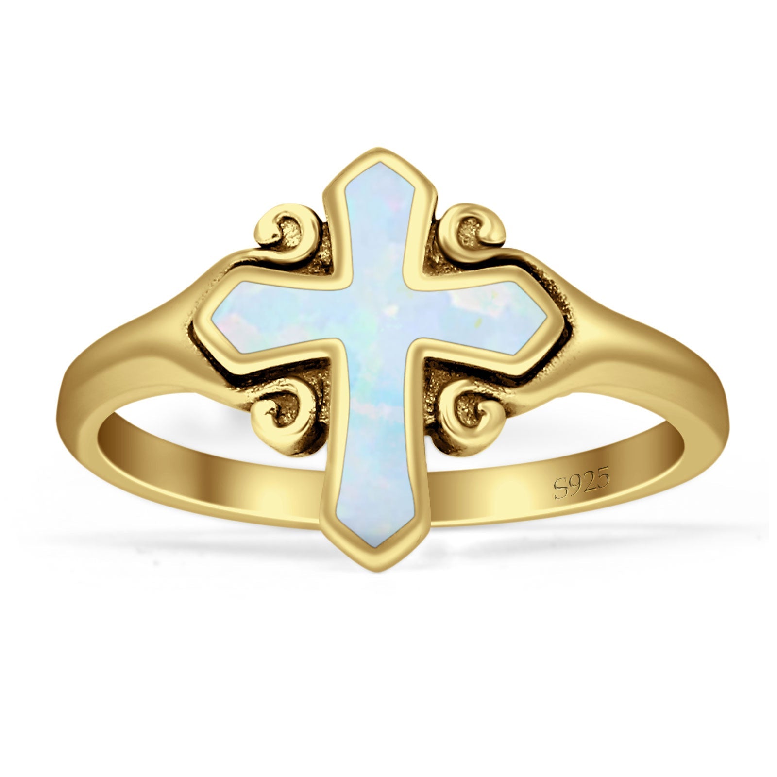 Minimalist 13mm Cross Rings Lab Created White Opal Oxidized 925 Sterling Silver