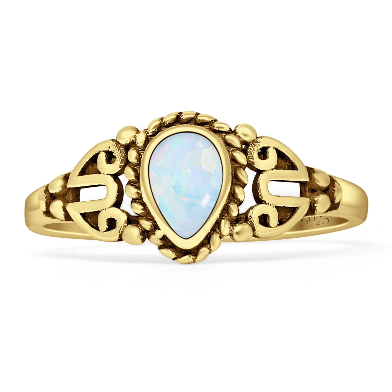 Art Deco 9mm Pear Teardrop Lab Created White Opal Twisted Ring Oxidized 925 Sterling Silver