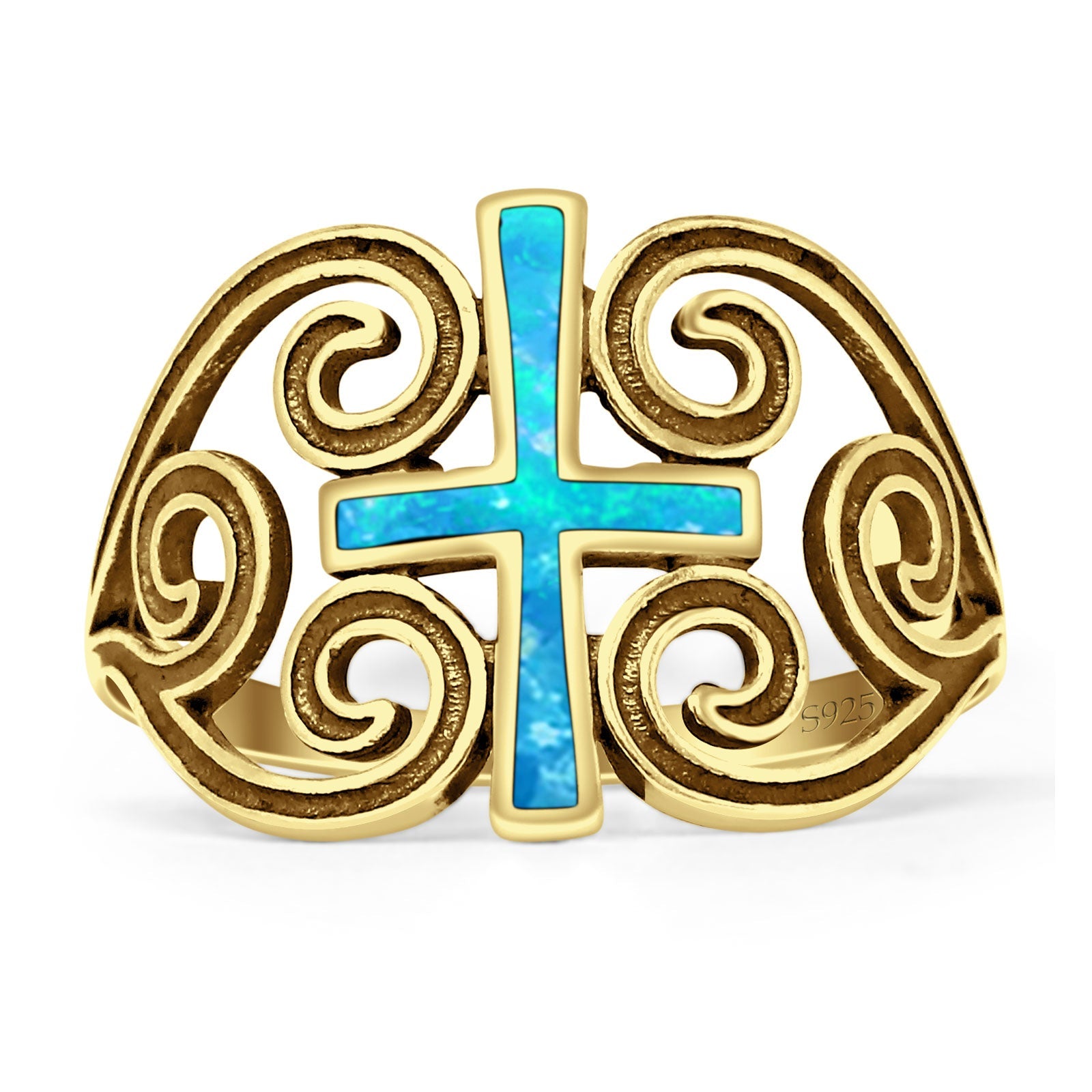 Cross Heart Swirl Ring 14mm Oxidized Lab Created Blue Opal 925 Sterling Silver