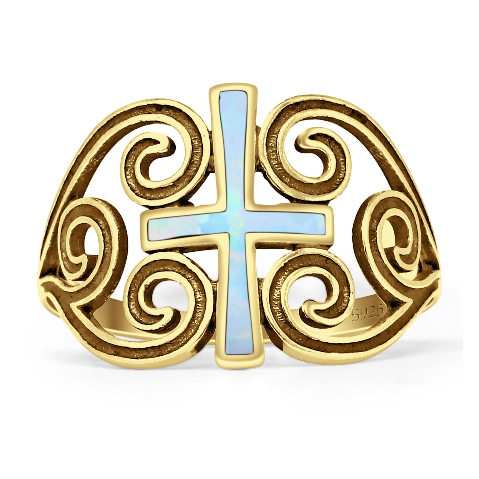 Cross Heart Swirl Ring 14mm Oxidized Lab Created White Opal 925 Sterling Silver