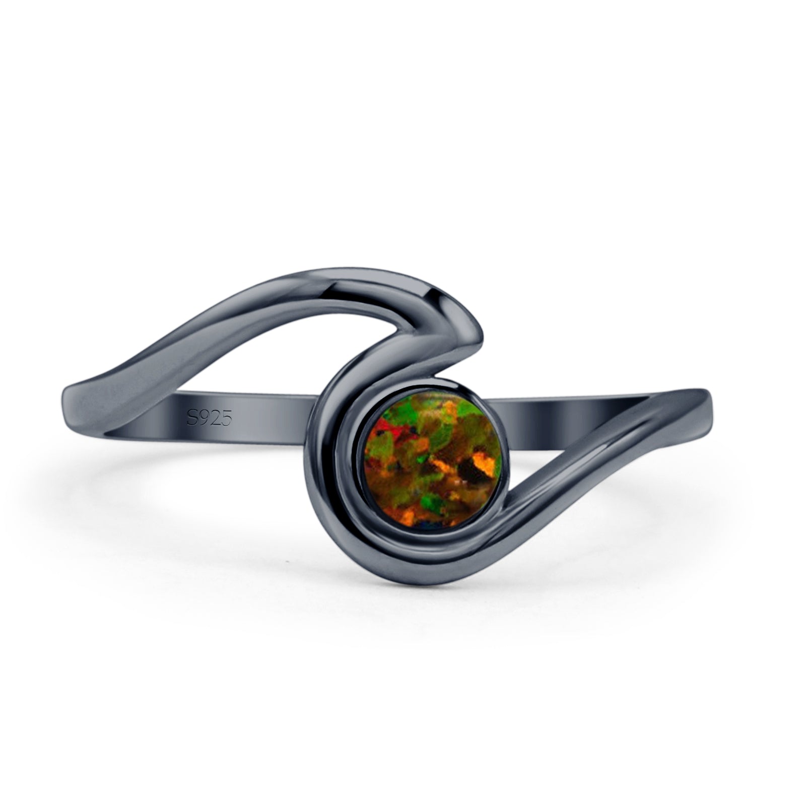 Round 9.5mm Lab Created Black Opal Wave Ring Oxidized 925 Sterling Silver