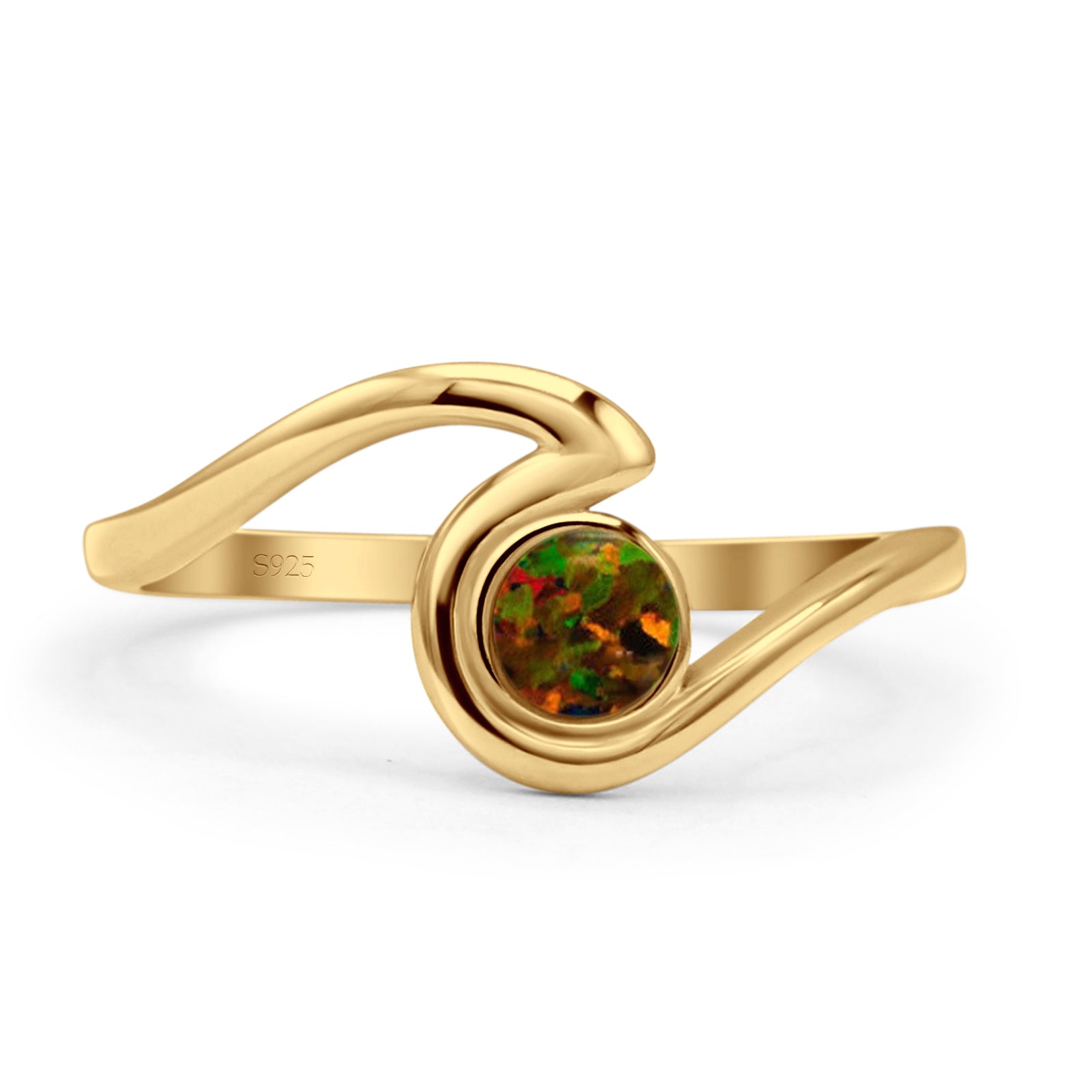 Round 9.5mm Lab Created Black Opal Wave Ring Oxidized 925 Sterling Silver